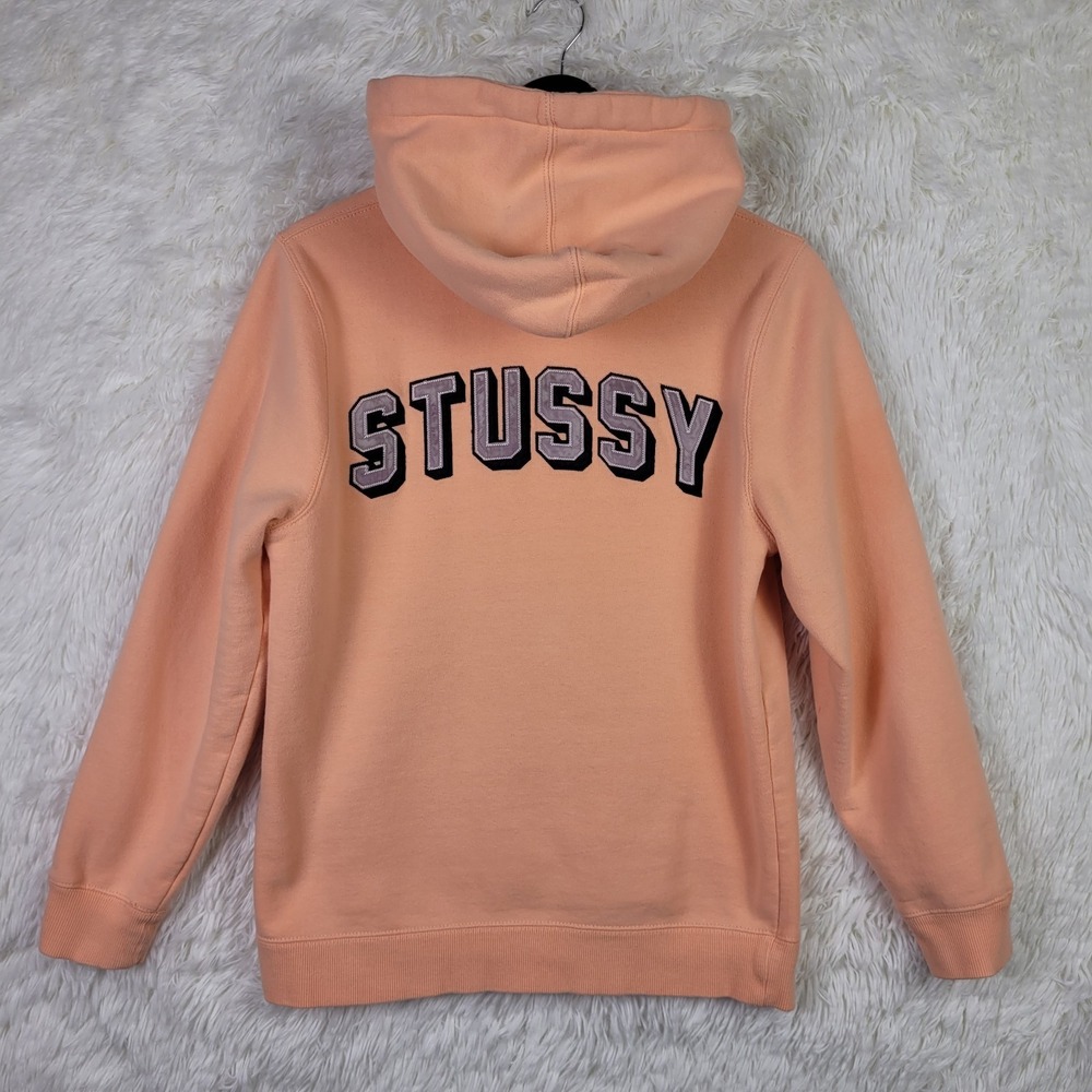 Stussy Mens Peach Coral Arched Logo Applique Pullover Hoodie Sweatshirt Small